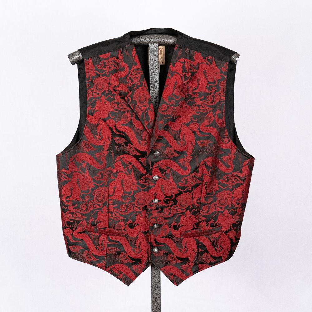 WAHMAKER Men's Western Frontier Vest Red Black Dragon Tapestry Size XL USA Made